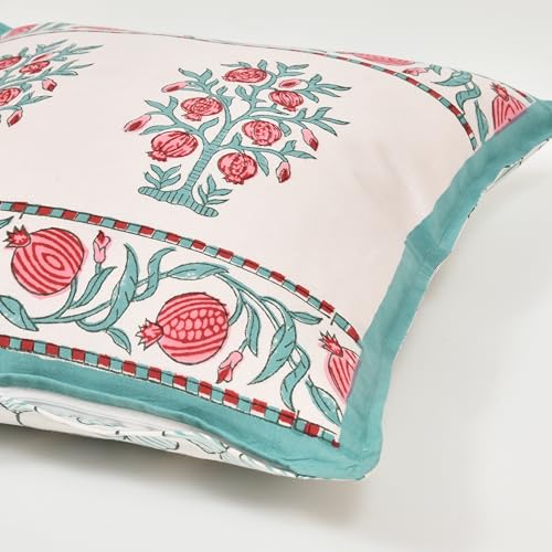 Image of BLOCKS OF INDIA Hand Block Printed Cotton,300 TC Cushion Cover (16 X 16 Inches) (Anar Ka Ped), Multicolor