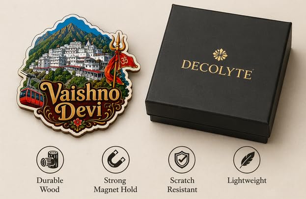 Image of Vaishno Devi Theme Wooden Fridge Magnet Souvenir | 3x3 in Kitchen Home Decor Gift
