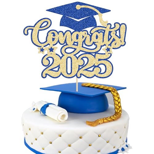 Gyufise 1Pcs Congrats 2025 Cake Topper Glitter Diploma Grad Cap Cake Pick Class of 2025 Graduation Cake Decoration for 2025 Graduation Theme Party Decorations Supplies Blue Gold