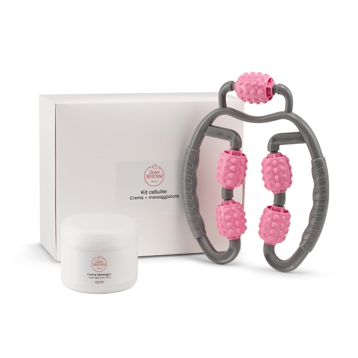 Kit Cellulite – Crema Anticellulite e Massaggiatore Ergonomico Manuale – Trattamento Drenante e Tonificante con Estratti Naturali di Limone, Alga, Rusco e Salvia – Effetto Rimodellante