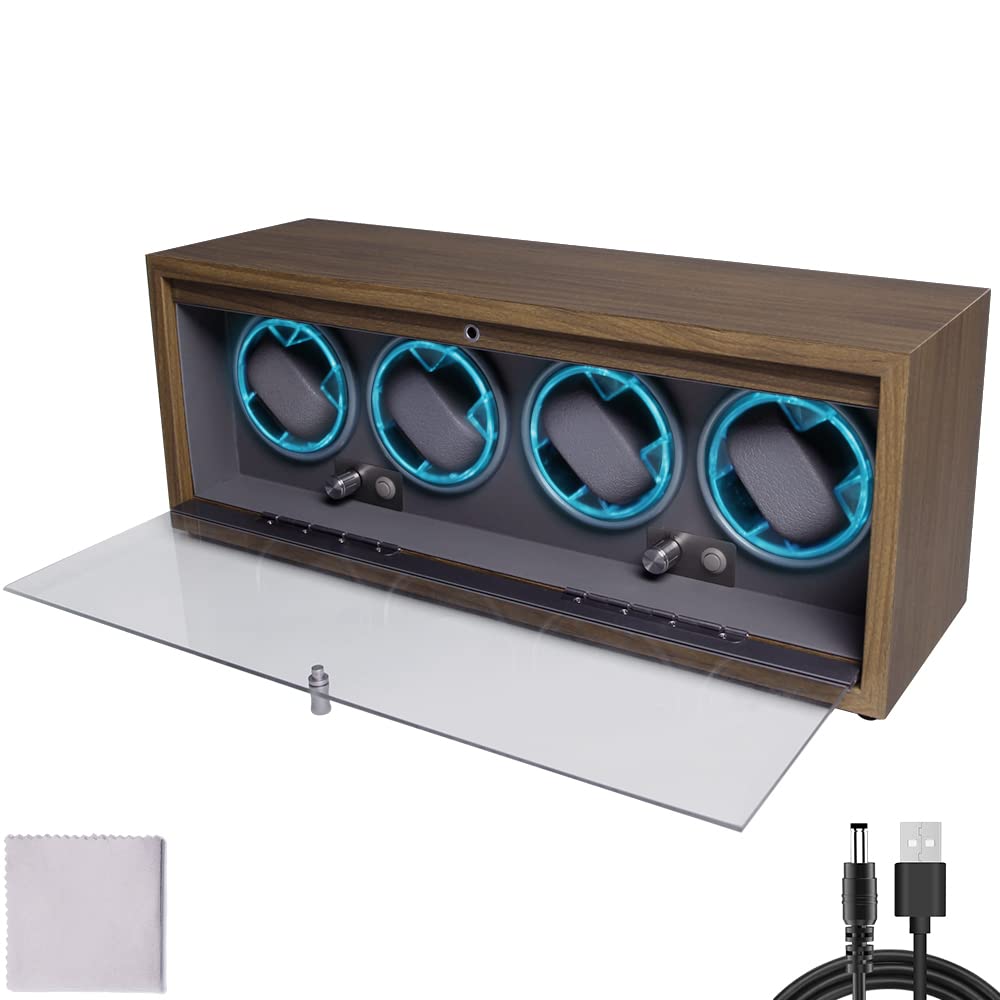 Automatic Watch Winder with LED Light Soft Flexible Watch Pillow AC Adapter Quiet Motor 4 Rotation Modes 4 Slots