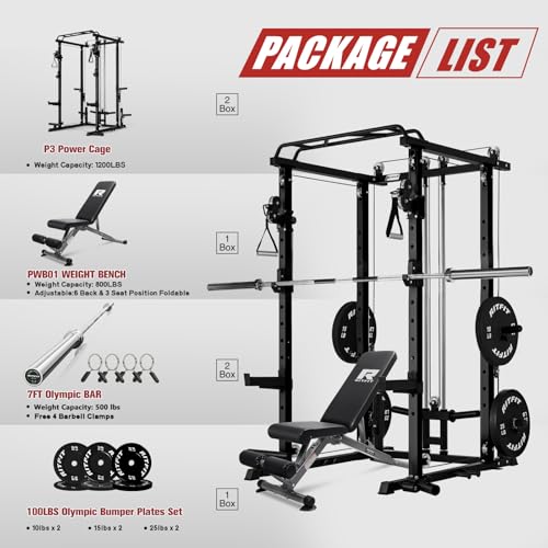 Image of RitFit Multi-Function Garage & Home Gym Package Includes 1200LBS Power Cage PPC03 /P3 with Cable Crossover System, Weight Bench, Olympic Barbell Weight Set, Full Body Workout