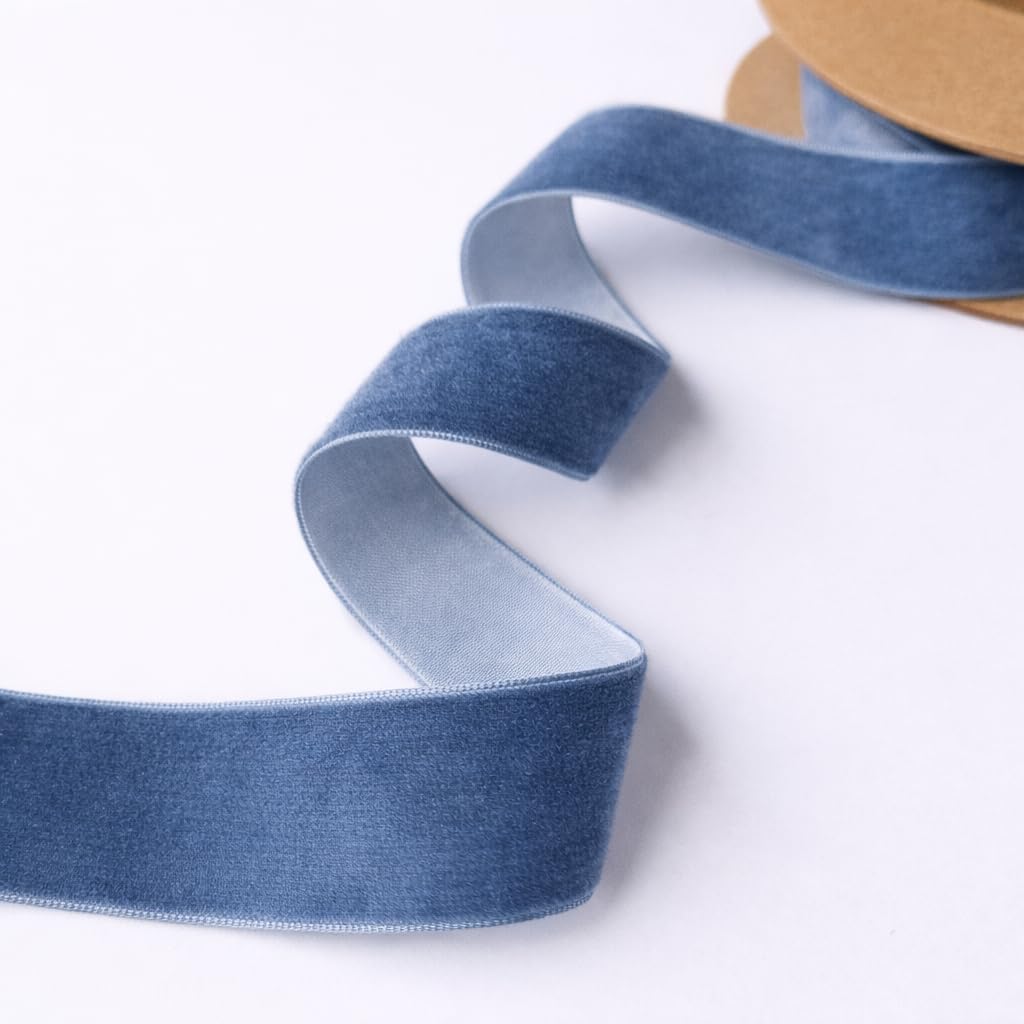 25mm Wide Denim Blue Velvet Ribbon 5 Metre Length – Soft Plush Craft Trim for Gift Wrapping, Sewing & DIY Decorations – 14 Colours