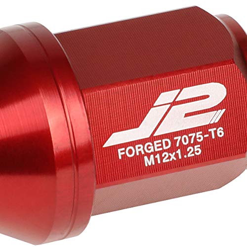 Image of J2 Engineering LN-T7-024-125-RD 20Pcs M12 x 1.25 7075-T6 Aluminum 35mm Close-End Lug Nut w /Socket Adapter (Red)