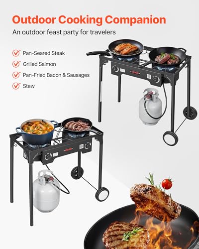 Image of VEVOR 2 Burner Outdoor Propane Gas Stove, 150,000 BTU Propane LPG Gas Camping Stove, Heavy-duty Carbon Steel Outdoor Cooker, with 2 Wheels & 20 PSI Regulator & Hose, for BBQ Camp Home Patio Backyard