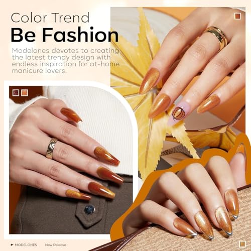Image of modelones Cat Eye Fall Gel Nail Polish, 15 ML Glitter 9D Holographic Magnetic Halloween Nail Polish with Magnet Soak Off U V Orange Gel Polish Shimmer Autumn Nail Art Top Coat Manicure Salon DIY