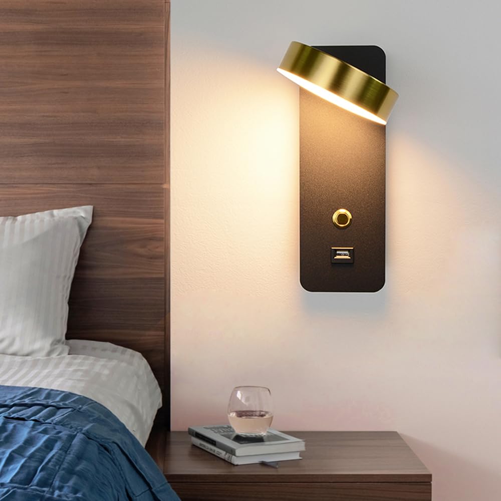 Applique Murale LED Chevet 9W Touch + USB - Lumière Chaude 2700-3200K, Rotation 350°, Chambre Salon Hôtel