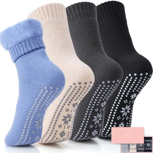 Image of ICEIVY Thermal Slipper Socks, Thick Grip Hospital Plush Slipper Grip Socks Women Winter Soft Warm Cozy Socks 4 Pairs