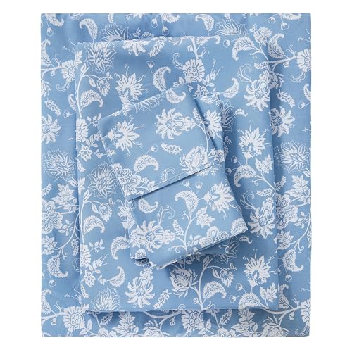 Image of Mooreeke Cozy Vintage Microfiber Printed Twin Sheet Set - Soft & Breathable Blue Paisley Bed Sheets with Extra Deep Pocket - Non-Slip Fitted Design - Blue Flower Pattern - Twin