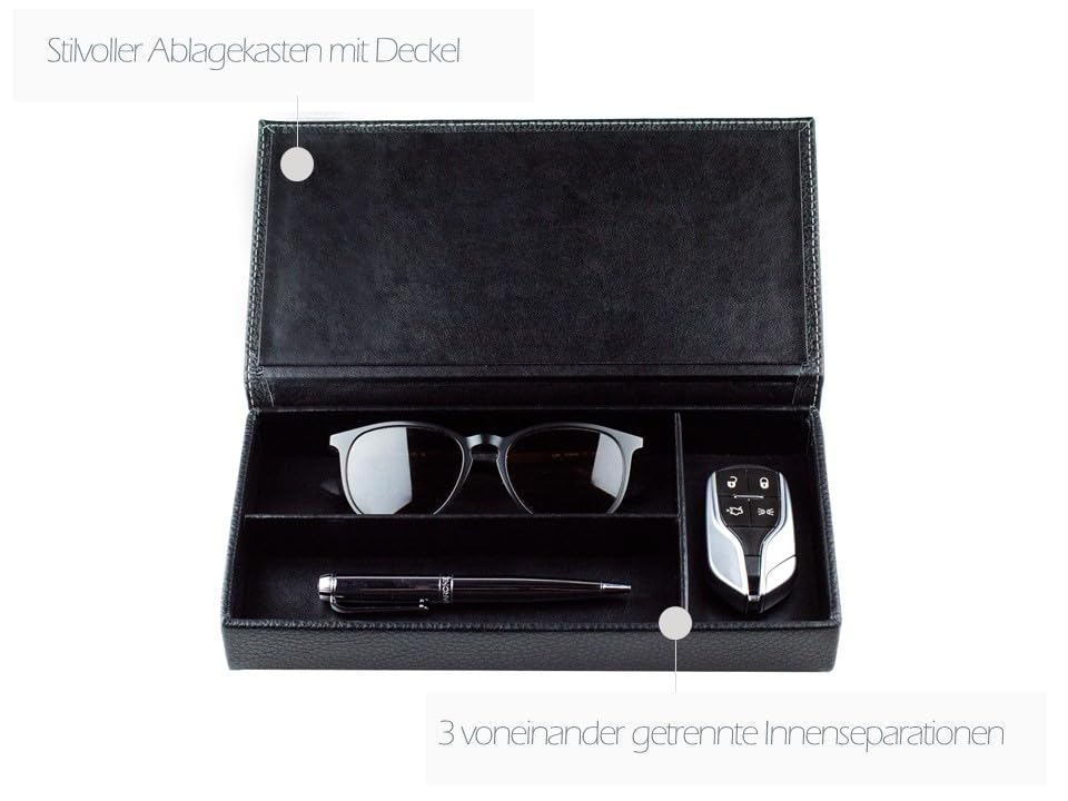 DELMON VARONE - Personalisierbarer Ablagekasten mit Deckel aus Premium Leder Soft Grain schwarz, Schreibtischschale für Kugelschreiber, Füller & Schreibutensilien, Echtleder Stifteetui mit 3 Fächer