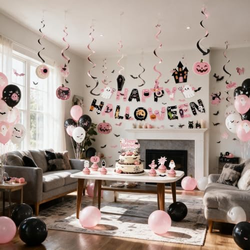 Halloween Birthday Party Decorations, Pink Black Party Supplies with 3 Banners, 18 Balloons, 7 Cake Toppers & 6 Spiral Hanging Swirls, Nightmare Before Christmas Birthday Decorations - image 7