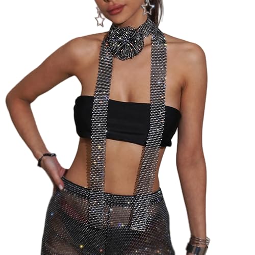 Women Rhinestone Skinny Scarf Flower Rose Shiny Crystal Fashion Thin Long Neckscarf Neck Tie Choker for Party