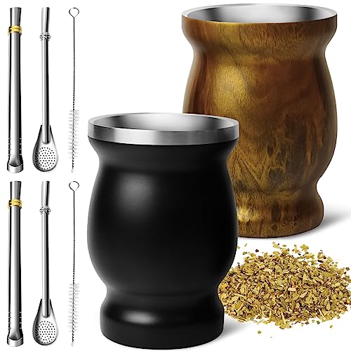 Artcome 8pc Stainless Steel Yerba Mate Cup Set - 2 8.5oz Double-Wall Cups (Black & Wood), 4 Bombillas, 2 Brushes, Easy to Clean, Solid & Durable Artcome 8pc Stainless Steel Yerba Mate Cup Set - 2 8.5oz Double-Wall Cups (Black & Wood), 4 Bombillas, 2 Brushes, Easy to Clean, Solid & Durable