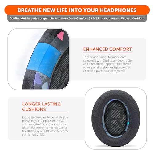 WC FreeZe QC35 - Cooling Gel Ear Pads for Bose QC35 & QC35ii (QuietComfort 35) Headphones & More, 90's Black - Image 4
