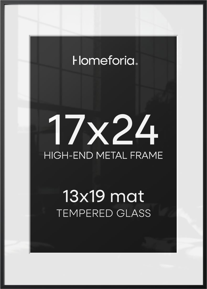 Homeforia 17x24 Black Picture Frame, High-End Metal, 13x19 Mat, Glass