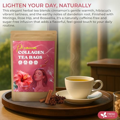Image of FreshDrinkUS, Premium Collagen Herbal Tea - 30 Tea Bags | Cinnamon Stick, Hibiscus, Dandelion Root, Moringa Leaves, Rose Hip, Ginger, Fennel Seed, Boswellia | Caffeine-Free, Natural Flavorful Blend