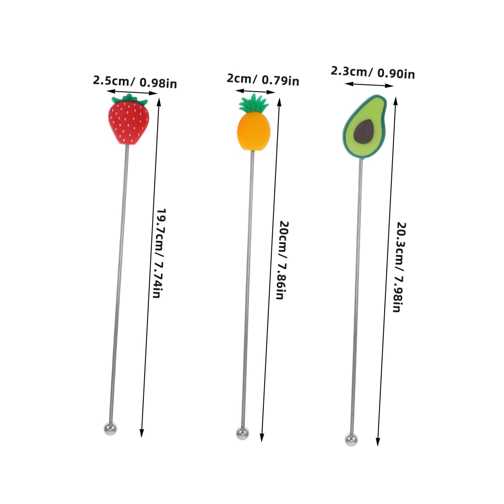 OKUMEYR 3pcs Stainless Steel Stirrers Drink Stirrers for Cocktails Reusable Stir Sticks Silicone Fruit Tops