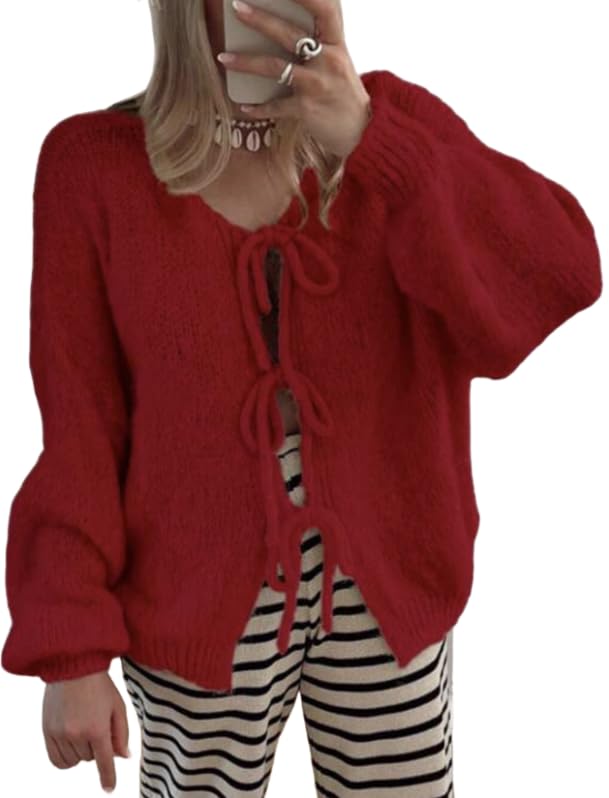 Womens Tie Front Bow Cardigan Sweaters Casual Chunky Knit Long Puff Sleeve Trendy Jacket Coats Fall Winter Clothes