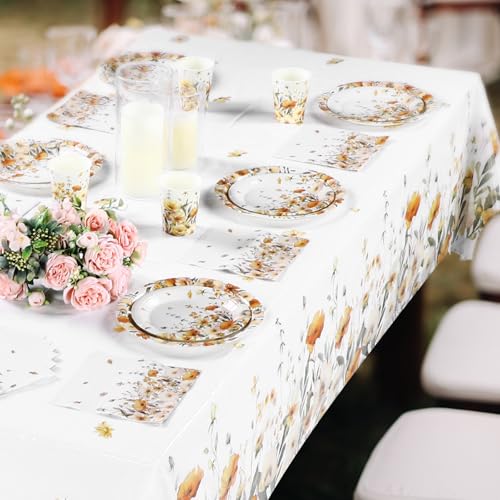 Image of Ganeen 3 Pcs Fall Floral Tablecloth Disposable Plastic Table Covers Watercolor Wildflower Table Cover Waterproof Tablecloths for Autumn Birthday Wedding Party Decor, 54 x 108 Inch