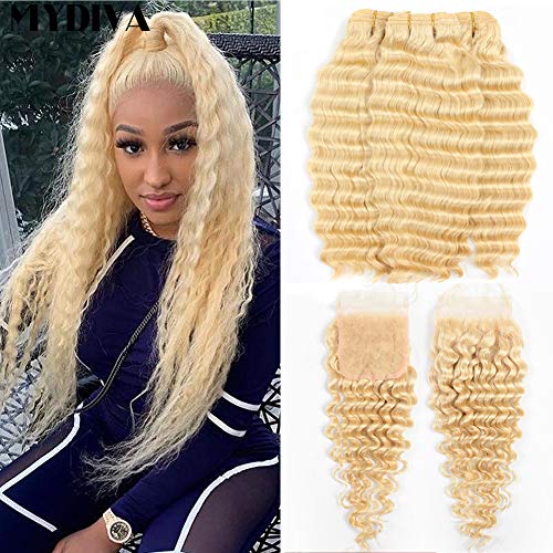 Mydiva 613 Bundles With Frontal Blonde Deep Wave Bundles With Frontal Peruvian Loose Deep Human Hair 3 Bundles With 13x4 Transparent Lace Frontal (22 24 26+20, bundles with closure)
