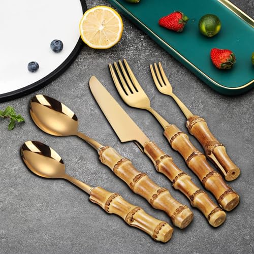 Image of 30-Piece Bamboo Flatware Set – Forks & Spoons Bamboo handle Cutlery Utensils set for home and kitchen, 18/8 Stainless Steel Gold Silverware set,Gift for mom Choice