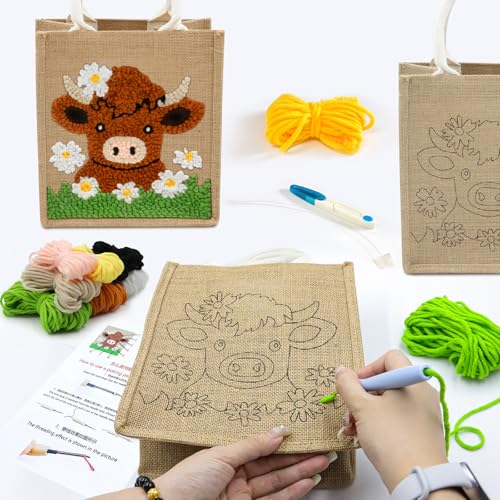 Image of PUNICA Punch Needle Kits for Beginners with Highland Cow Pattern - Burlap Tote Bag for Adults & Kids, DIY Embroidery Starter Kit | Easy Craft Gifts (9x6.5x8.5 Inch)