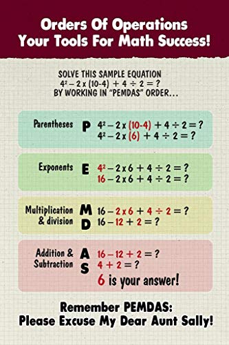 Image of Order of Math Operations Poster PEMDAS Teaching Mathematics Success Algebra Educational Learning Teacher Homeschool Display Supplies Aide Cool Wall Art Print Poster 24x36
