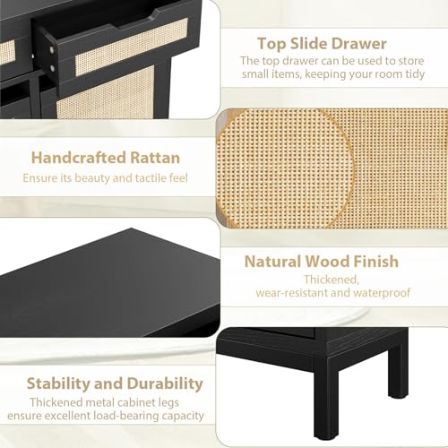 Jocoevol Rattan Shoe Cabinet for Entryway with 4 Flip Drawers & 2 Top Drawers, Freestanding Narrow Shoe Storage Cabinet with Metal Legs for Foyer, Hallway (Black)