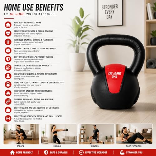 Image of De Jure Fitness PVC Kettlebell 3kg for Men & Women Strength & Cardio Training, Soft Grip, Crushed Concrete Filled, Full Body Workout Equipment for Home & Gym (Red Black)