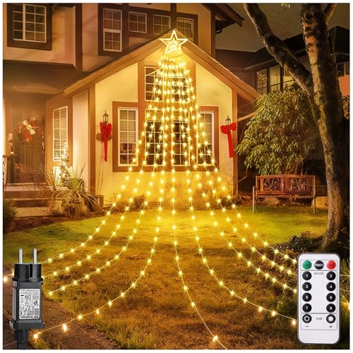 POIFL Luci Natale Esterno, 344 LED Luci Albero di Natale e 9 Fili-3.6M con Timer, IP65 Stella Luci Natale Esterno Cascata, 8 Modalità/10 Luminosità Tenda Luminosa Natale per Esterne, Interno, Balcone