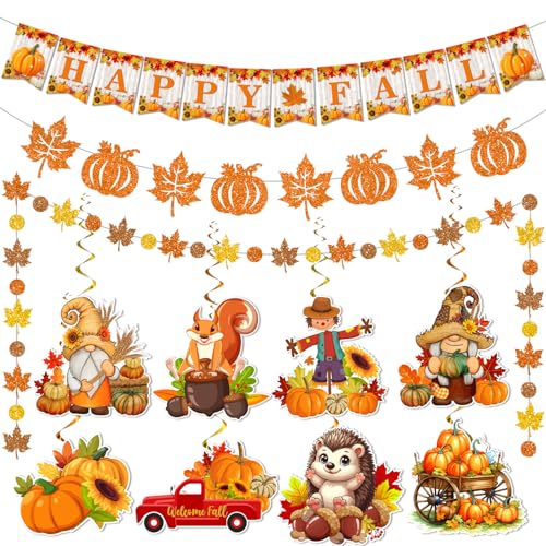 Fall Party Decorations, Fall Room Wall Decor Include Happy Fall Banner Pumpkin Maple Leaf Garland, Autumn Party Decor for Home Indoor & Office Classroom
