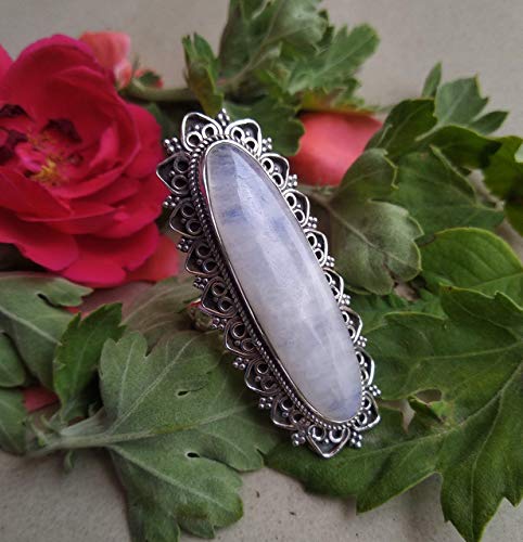Moonstone Ring Sterling Silver Ring Long Gemstone Ring Statement Ring Antique Ring Boho Ring June Birthstone Unique Ring Engagement Ring Victorian Ring Boho Handmade Jewelry Blue Fire Moonstone Ring