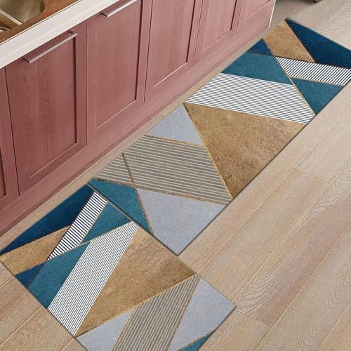 Image of SHREENIDHI Kitchen Floor Mat Set of 2 Rectangular Printed Mats for Sink Stove and Counter Area Placement with Kitchen Theme Geometric and Floral Design Options (Geometric Pattern 1)