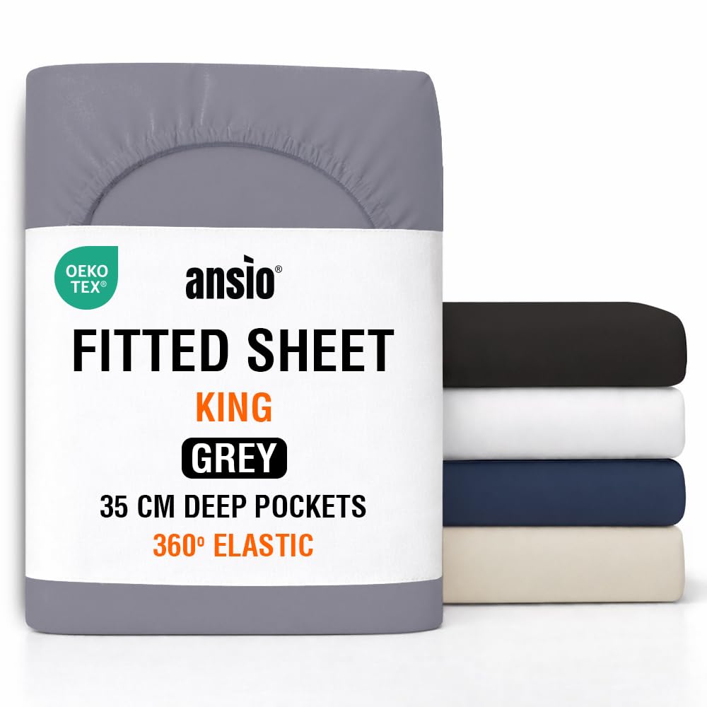 ANSIO® King Size Fitted Sheet Soft Brushed Microfibre Fabric – Deep Pocket 35cm – All-Around Elastic – OEKO-TEX Certified – Easy Care & Naturally Smooth After Wash - Grey