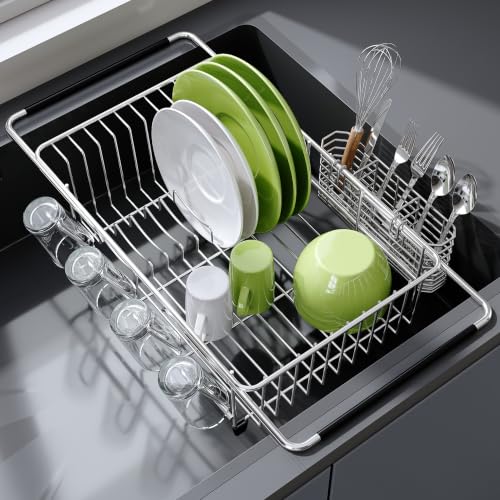 Image of JASIWAY Stainless Steel Dish Drying Rack in Sink with Metal Utensil Holder