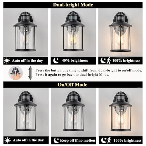 Image of MICSIU 2-Pack Black Motion Sensor Outdoor Wall Light No Assembly Required | 11.5 inch Dusk to Dawn Security Exterior Fixture, Seeded Glass Rustic Cabin Porch Light Sconce for Garage, Deck