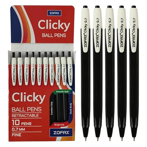 ZOFAX Clicky Retractable Ballpoint Pens, BLACK, Fine Point (0.7mm), Pack of 10, Smooth Ball Pens, Comfort Grip, Multi Pack, Perfect for School Office Home Business Hospital Everyday Use