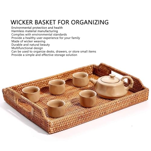 Wicker Serving Tray, Hand Woven Rattan Rectangular Serving Tray with Handles, Wicker Decorative Display Serving Platters for Breakfast Drinks Snack Dining Coffee Table