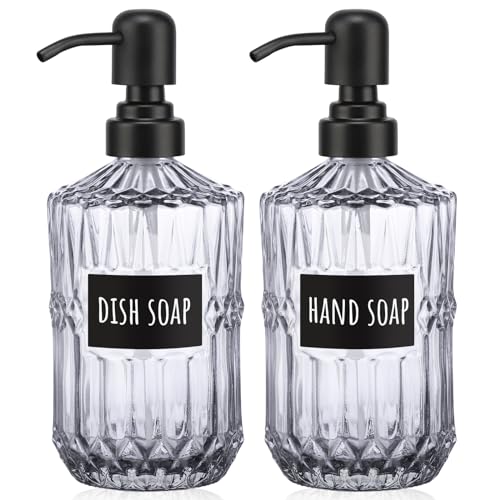 Image of Segbeauty Glass Soap Dispenser Refillable, 2 Pack 15.2oz Modern Farmhouse Decor Pump Bottles with Labels, 450ml Western Decor Hand Soap Dispenser Set Liquid Gel Container for Bathroom Kitchen Gray