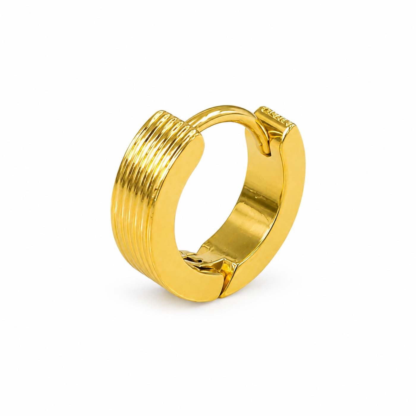 (1 Piece) Unisex Stainless Steel Golden-Tone Round Textured Huggie Hoop Bali Earrings for Women & Men | Small Hoop Earrings | Lightweight Hinged Click Closure | Fashion Jewelry-image-10