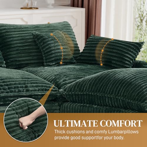 Image of 145 inch Oversized U Shaped Modular Sectional Sofa with Ottoman, Comfy Fluffy Soft Corduroy, Large Cloud Couch with USB Port, Cup Holder and Storage Central Console for Living Room, Green