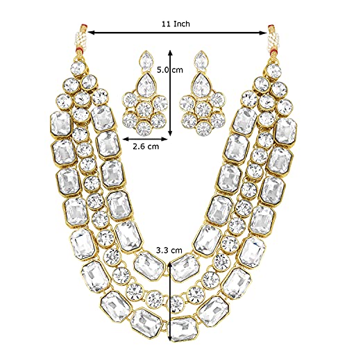 Image of Peora Crystal Studded Gold Plated Layered Long Necklace & Dangle Earring Jewellery Set for Women & Girls