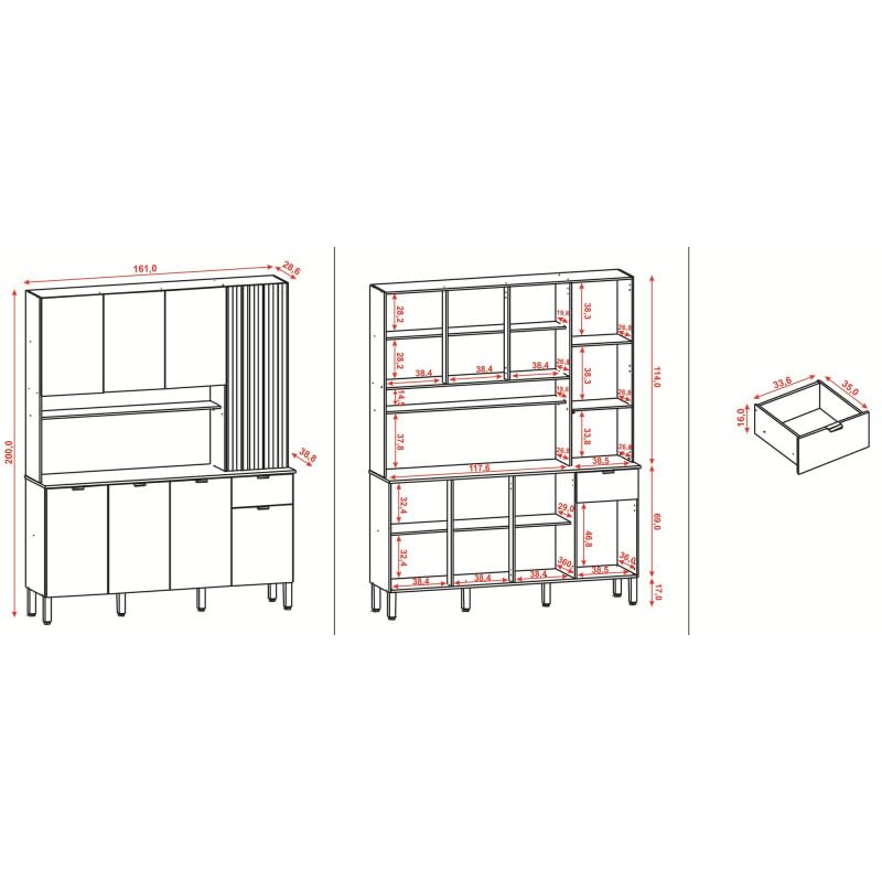 ACTUAL DIFFUSION Buffet 8 Portes 1 Tiroir 18 Niches Chêne et Gris Taupe L 161 H 200 P 38.8 cm