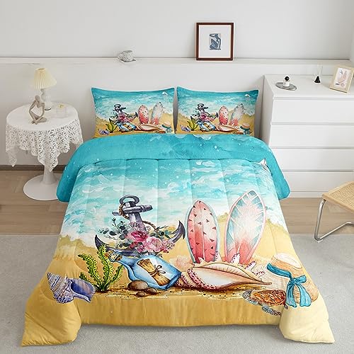 Ocean Theme King Comforter Set for Boys Girls Anchor Rudder Themed Bedding Hawaii Vacation Style Bedding Comforter Sets Shell Seaweed Sea Turtle Print Duvet Insert Sea Animal Decor Quilt 3 P