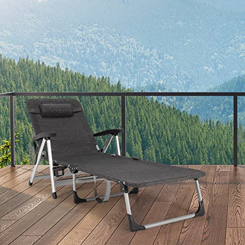 Gymax Lounge Chairs For Outside, Tri-Fold Chaise Lounge With 7 Level Adjustable Backrest, Cup Holder, Headrest & Carry Handle, Portable Beach Tanning Layout Chair For Patio, Poolside, Lawn (1, Grey) #TOP1