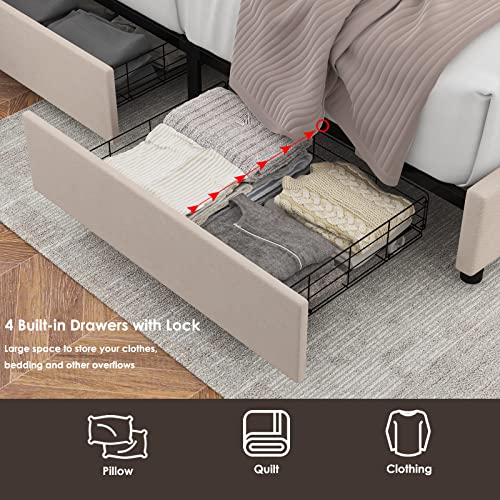Hostack King Bed Frame With 4 Storage Drawers, Upholstered Platform Bed Frame With Button Tufted Headboard, Heavy Duty Mattress Foundation With Wooden Slats, No Box Spring Needed (Beige, King) #TOP3