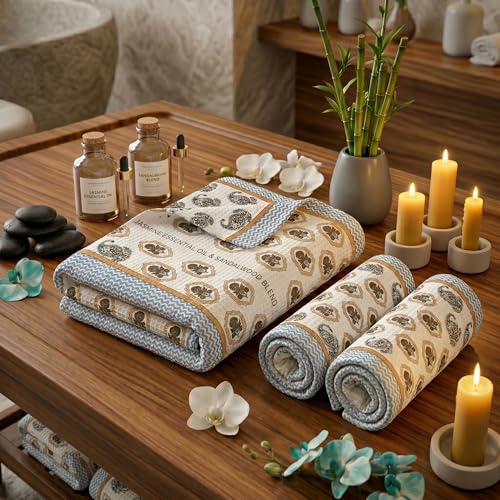 Image of Mafatlal Madhuban Waffle Cotton Set (1 Bath 147x76 cm + 2 Hand 76x38 cm) | 250 GSM | Soft, Absorbent & Hand Printed | Caribou Color