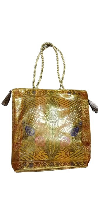 Yellow Banarasi Silk Tote Handbag for Women | Traditional Ethnic Handloom Bag for Festive, Wedding & Casual Use-image-43