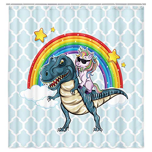 Dynh Funny Kids Shower Curtain, Cool Unicorn Riding Cute Dinosaur With Rainbow Shower Curtain Set,Polyester Fabric Cartoon Shower Curtain For Bathroom With 12Pcs Hooks, Teal Blue (69"X70") #TOP24