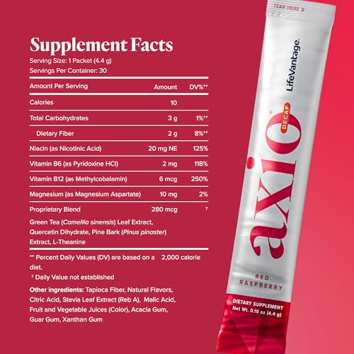 Image of LifeVantage AXIO Regular Energy Drink Powder, Nootropic Supplement, Focus & Mood Support, with L-theanine, Green Tea, B Vitamins, DMAE, Quercetin & Pine Bark, Red Raspberry, 30 Packets
